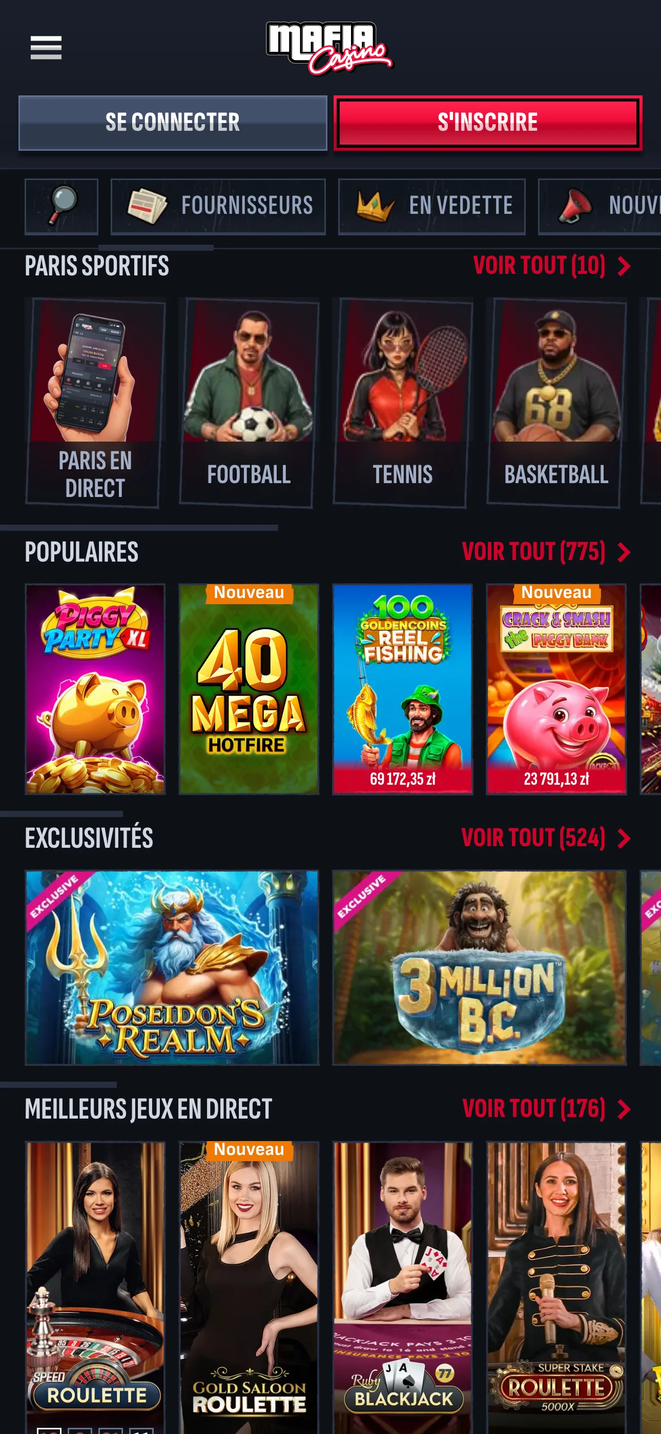 Mafia Casino mobile avec catégories, sports et jeux populaires